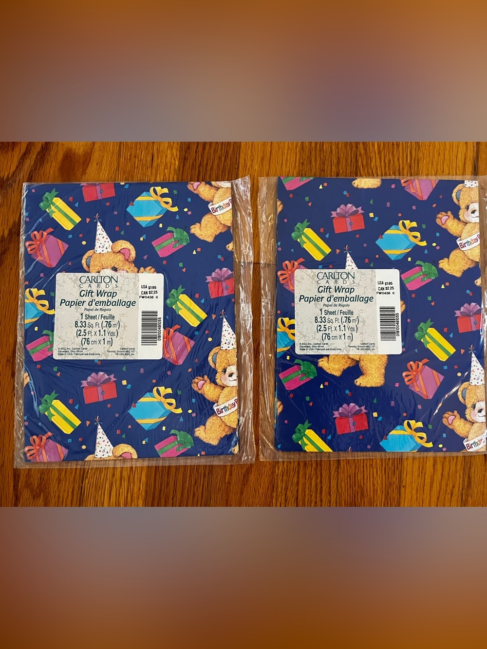 VTG 90s Carlton Cards Birthday Blue & Presents Bear Gift Wrap - 2 Pack